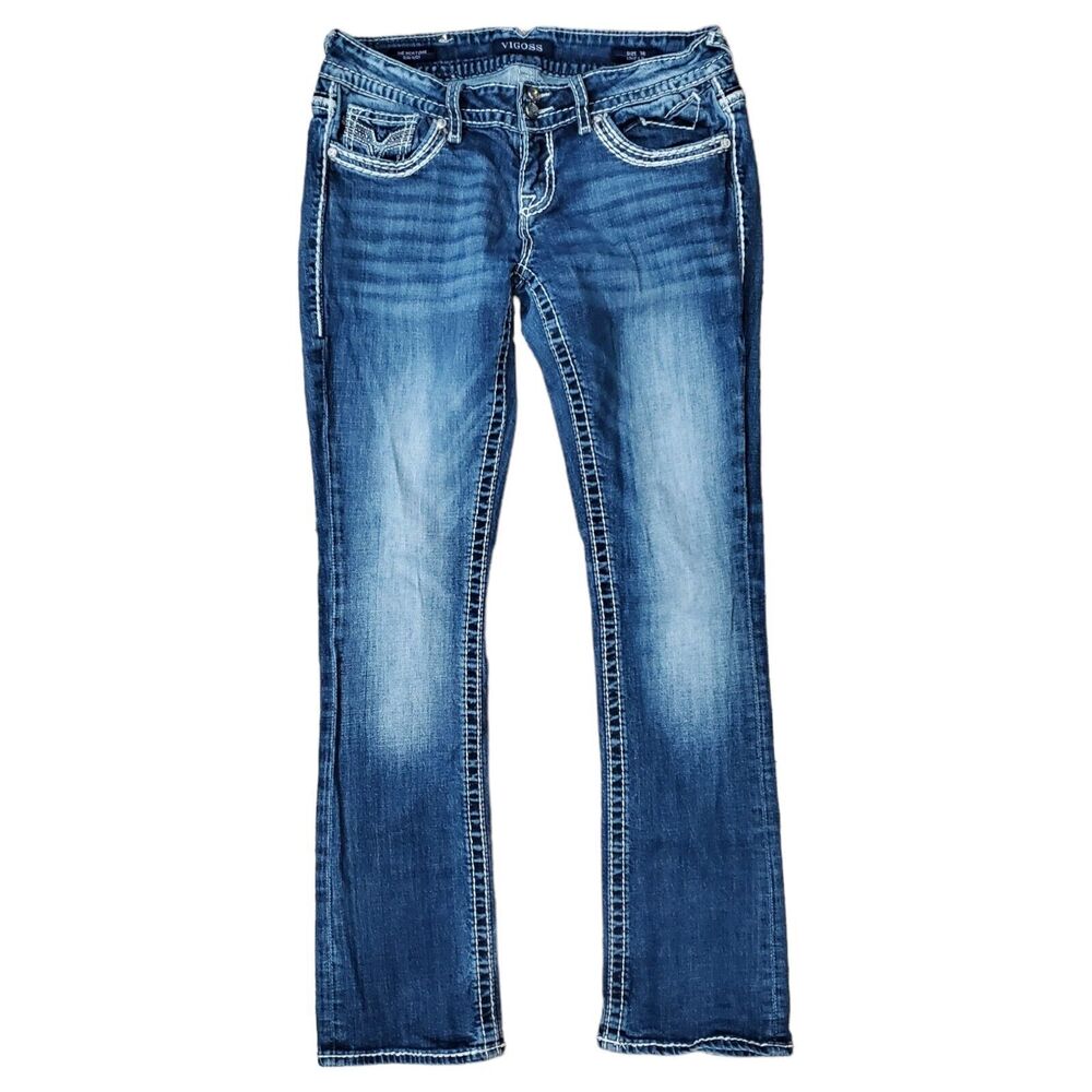 VIGOSS Jeans THE NEW YORK Womens 7/8 33L Blue Slim Boot Bling Flap Pockets